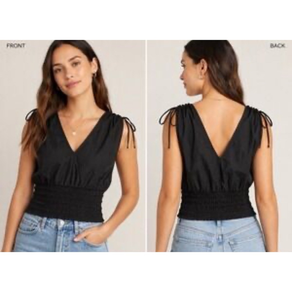 Old Navy Black Sleeveless V Neck Ruched Waist Crop Top Tie Shoulder Y2K Beach‎ S